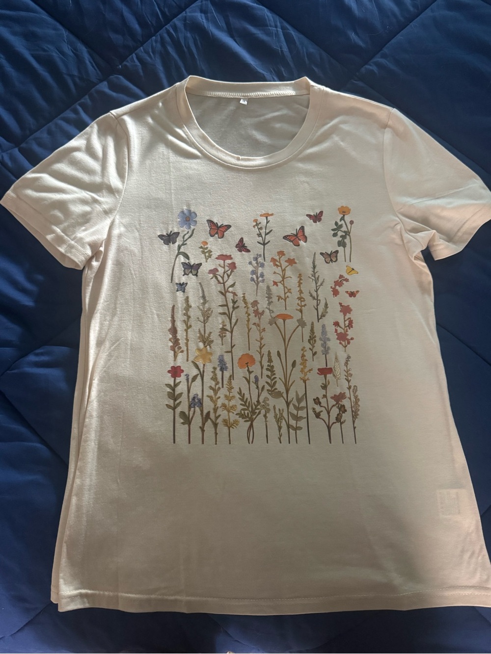 Women's Cream Short Sleeve Tee with Floral & Butterfly Print